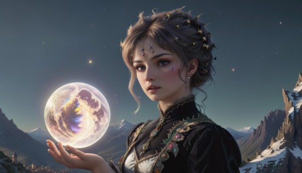 1girl,solo,short hair,brown hair,black hair,hair ornament,dress,jewelry,upper body,earrings,outdoors,sky,necklace,hair bun,star (symbol),black eyes,tree,lips,grey eyes,makeup,night,bird,gem,star (sky),night sky,scenery,starry sky,circlet,mountain,realistic,nose,fantasy,planet,mountainous horizon,aurora,looking at viewer,blue eyes,parted lips,artist name,nail polish,black dress,eyelashes,facial mark,moon,orb,earth (planet)