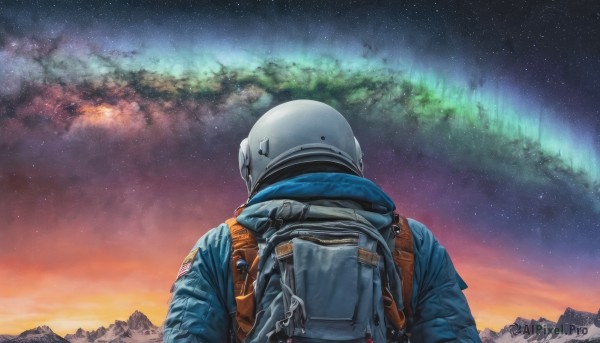 1girl,solo,1boy,jacket,upper body,male focus,outdoors,sky,cloud,bag,from behind,night,backpack,helmet,blue jacket,star (sky),night sky,scenery,1other,starry sky,sunset,mountain,ambiguous gender,spacesuit,astronaut,signature,mountainous horizon,space helmet,aurora,milky way