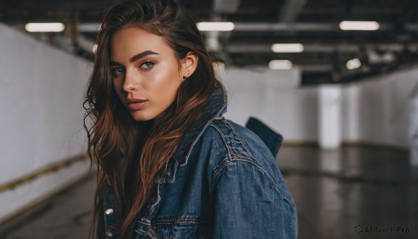 1girl,solo,long hair,looking at viewer,blue eyes,brown hair,jewelry,jacket,upper body,earrings,parted lips,indoors,blurry,lips,looking to the side,blurry background,denim,blue jacket,jeans,realistic,nose,stud earrings,leather,leather jacket,denim jacket,depth of field,thick eyebrows,portrait,freckles,red lips,hair behind ear,photo background,ceiling light