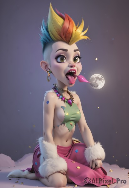 1girl,solo,breasts,short hair,open mouth,skirt,blonde hair,shirt,navel,bare shoulders,brown eyes,jewelry,sitting,full body,yellow eyes,red hair,multicolored hair,earrings,small breasts,barefoot,teeth,tongue,midriff,artist name,signature,tongue out,necklace,stomach,nail polish,orange hair,two-tone hair,lips,crop top,fingernails,torn clothes,fur trim,eyelashes,kneeling,saliva,sideboob,makeup,upper teeth only,piercing,moon,thick eyebrows,lipstick,spiked hair,ear piercing,black nails,web address,eyeshadow,pink skirt,freckles,hoop earrings,nose,furry female,red lips,body fur,torn shirt,dirty,fur,long tongue,torn skirt,mascara,medium breasts,green eyes,blue hair,covered nipples,gradient hair,night,wariza,night sky,full moon,arm warmers,facepaint,mohawk,dirty face,tongue piercing,tooth necklace