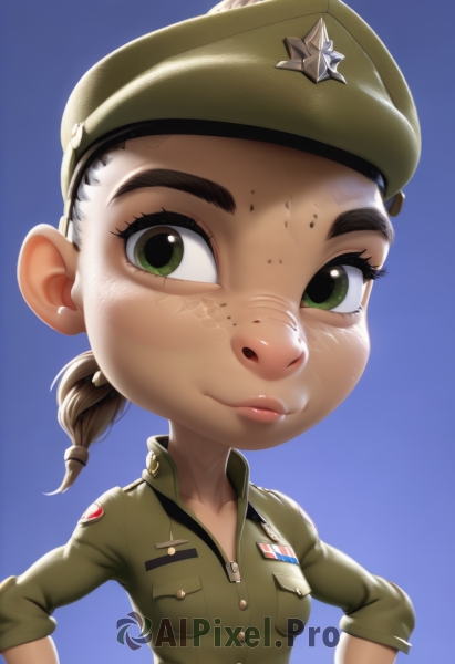 1girl,solo,breasts,looking at viewer,smile,simple background,brown hair,hat,closed mouth,green eyes,collarbone,upper body,ponytail,small breasts,star (symbol),uniform,lips,gradient,military,gradient background,military uniform,blue background,furry,sleeves rolled up,freckles,hands on hips,military hat,furry female,world war ii,black hair,hand on hip,beret,aged down,child,zipper,pocket,nose,female child,soldier