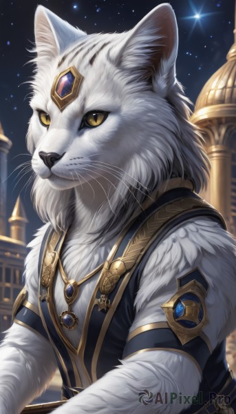 solo,looking at viewer,1boy,jewelry,closed mouth,yellow eyes,upper body,male focus,outdoors,sky,artist name,signature,necklace,vest,no humans,night,animal,cat,slit pupils,brooch,gem,star (sky),night sky,furry,pendant,starry sky,furry male,white fur,whiskers,blue gemstone,red gemstone,shirt,animal ears,jacket,cat ears,fur trim,pillar,yellow sclera