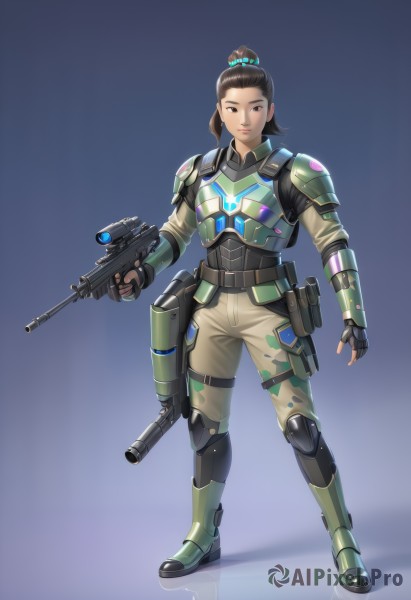 1girl,solo,looking at viewer,brown hair,black hair,hair ornament,gloves,holding,brown eyes,standing,full body,weapon,boots,black gloves,fingerless gloves,holding weapon,armor,gun,military,bodysuit,single hair bun,holding gun,rifle,science fiction,pouch,breastplate,assault rifle,knee pads,animification,camouflage,submachine gun,hair pulled back,topknot,ponytail,belt,pants,hair bun,black eyes,military uniform,thigh strap,blue background,realistic,hair behind ear,armored boots,open hand,sniper rifle