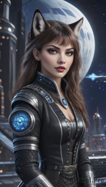 1girl,solo,long hair,breasts,looking at viewer,brown hair,animal ears,cleavage,brown eyes,jewelry,medium breasts,upper body,earrings,parted lips,sky,belt,artist name,cat ears,necklace,lips,bodysuit,makeup,night,moon,lipstick,star (sky),night sky,extra ears,full moon,eyeshadow,starry sky,science fiction,realistic,nose,red lips,eyeliner,space,planet,spacecraft,bangs,jacket,outdoors,signature,wolf ears,building,zipper,city,leather,cyberpunk