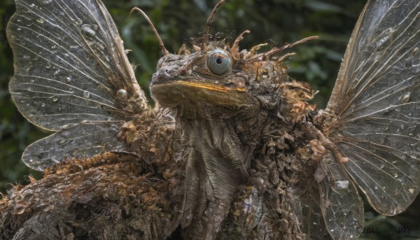 solo,outdoors,wings,blurry,tree,no humans,blurry background,bug,robot,nature,spikes,science fiction,monster,realistic,antennae,extra eyes,insect wings,horns,day,depth of field,animal,forest,beetle