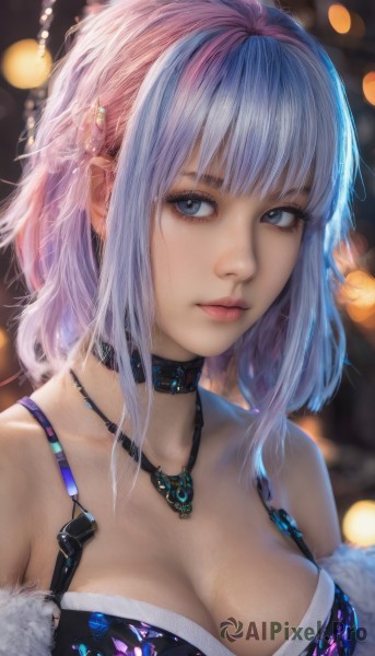 1girl,solo,breasts,looking at viewer,short hair,bangs,blue eyes,large breasts,hair ornament,cleavage,bare shoulders,jewelry,medium breasts,closed mouth,blue hair,collarbone,upper body,pink hair,purple hair,white hair,multicolored hair,choker,artist name,medium hair,necklace,blurry,two-tone hair,lips,grey eyes,fur trim,eyelashes,depth of field,blurry background,pendant,realistic,nose,bokeh,sidelocks,collar