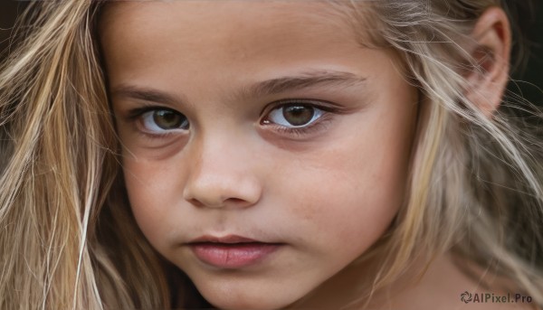 1girl,solo,long hair,looking at viewer,blonde hair,simple background,brown eyes,closed mouth,tears,lips,eyelashes,portrait,close-up,realistic,nose,eye focus,brown hair