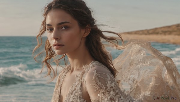 1girl,solo,long hair,looking at viewer,brown hair,dress,brown eyes,closed mouth,upper body,outdoors,wings,sky,day,artist name,water,white dress,blurry,lips,looking to the side,depth of field,blurry background,ocean,watermark,beach,wind,freckles,realistic,nose,from side,sand,waves,shore