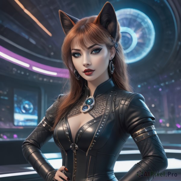 1girl,solo,long hair,breasts,looking at viewer,bangs,blue eyes,brown hair,long sleeves,animal ears,cleavage,jewelry,medium breasts,upper body,earrings,indoors,cat ears,nail polish,mole,blurry,lips,hand on hip,clothing cutout,bodysuit,makeup,blurry background,cleavage cutout,lipstick,brooch,gem,red nails,eyeshadow,zipper,hoop earrings,realistic,nose,red lips,hair ornament,closed mouth,artist name,signature,orange hair,fingernails,fox ears,eyelashes,black nails,hands on hips,black bodysuit,eyeliner,mascara