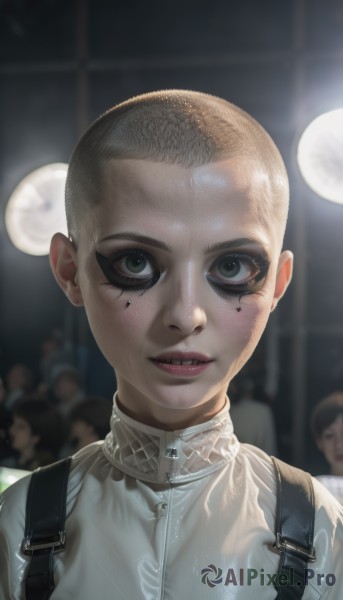 1girl,solo,looking at viewer,short hair,shirt,1boy,white shirt,upper body,male focus,parted lips,teeth,blurry,black eyes,lips,grey eyes,makeup,blurry background,suspenders,portrait,eyeshadow,freckles,realistic,very short hair,horror (theme),black hair,green eyes,multiple boys,solo focus,mole,eyelashes,mole under eye,nose,bald