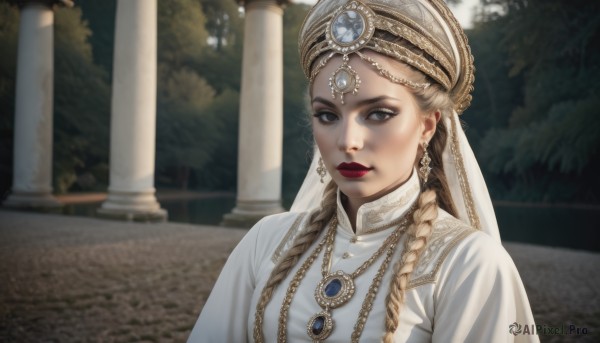 1girl,solo,long hair,looking at viewer,blonde hair,dress,jewelry,closed mouth,upper body,braid,earrings,outdoors,necklace,white dress,blurry,twin braids,lips,grey eyes,makeup,blurry background,lipstick,gem,veil,realistic,red lips,pillar,multiple braids,portrait,hair over shoulder,nose,gold,red gemstone,gold chain,column