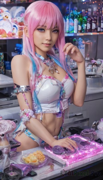 1girl,solo,long hair,breasts,looking at viewer,smile,bangs,large breasts,navel,cleavage,jewelry,medium breasts,blue hair,purple eyes,pink hair,multicolored hair,food,shorts,midriff,indoors,pink eyes,necklace,nail polish,two-tone hair,lips,crop top,gradient hair,bottle,pink nails,armlet,realistic,arm strap,flower,suspenders,armband