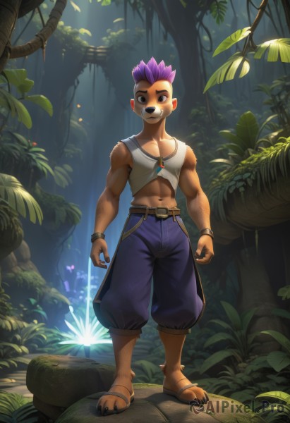 solo,looking at viewer,short hair,1boy,navel,animal ears,brown eyes,jewelry,standing,full body,purple hair,male focus,outdoors,midriff,belt,pants,necklace,bracelet,tree,muscular,leaf,facial mark,abs,sandals,tank top,plant,spiked hair,nature,furry,forest,toned,furry male,baggy pants,smile,tail,barefoot,black eyes,wristband,fantasy,mushroom,mohawk,moss