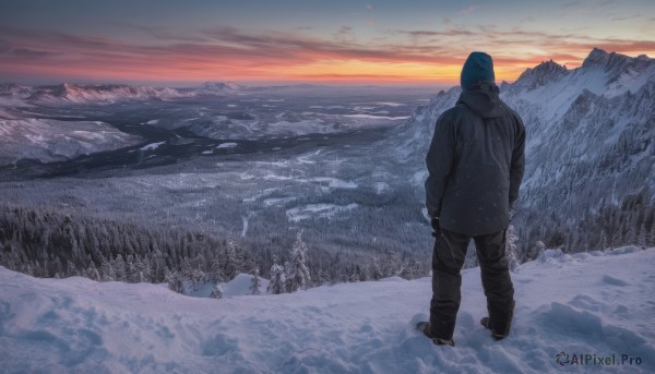 1girl,solo,gloves,long sleeves,1boy,standing,jacket,male focus,boots,outdoors,sky,black gloves,pants,cloud,hood,from behind,black footwear,tree,coat,fur trim,black pants,cloudy sky,nature,scenery,hooded jacket,snow,forest,sunset,mountain,winter clothes,facing away,wide shot,winter,landscape,mountainous horizon,footprints,hoodie,hood down,horizon,ambiguous gender,lake,skates,sunrise