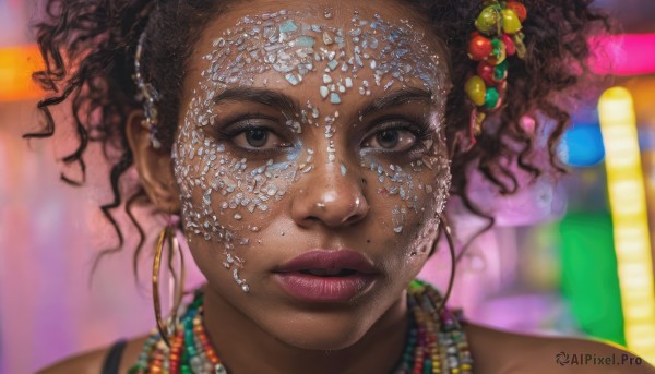 1girl,solo,looking at viewer,brown hair,black hair,hair ornament,bare shoulders,brown eyes,jewelry,earrings,dark skin,necklace,mole,blurry,black eyes,dark-skinned female,lips,blurry background,portrait,mole under mouth,curly hair,hoop earrings,realistic,very dark skin,dreadlocks,mole on cheek,close-up