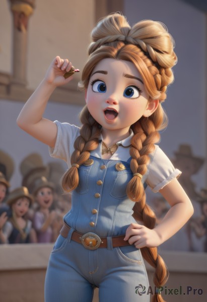 1girl,long hair,looking at viewer,blush,smile,open mouth,blue eyes,brown hair,shirt,holding,jewelry,very long hair,white shirt,braid,short sleeves,:d,cowboy shot,teeth,solo focus,belt,pants,indoors,necklace,orange hair,blurry,arm up,twin braids,hand on hip,depth of field,blurry background,upper teeth only,denim,child,freckles,jeans,female child,brown belt,overalls,blue overalls,solo,multiple girls,standing,lips,crowd