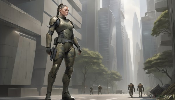 1girl,brown hair,gloves,standing,ponytail,weapon,boots,outdoors,multiple boys,solo focus,fingerless gloves,hair bun,armor,uniform,tree,lips,gun,military,bodysuit,military uniform,building,rifle,handgun,science fiction,6+boys,city,realistic,holster,ruins,camouflage,skyscraper,soldier,long hair,black hair,holding,full body,braid,sky,day,holding weapon,helmet,holding gun,scenery,shoulder pads,multiple others,power suit,bulletproof vest