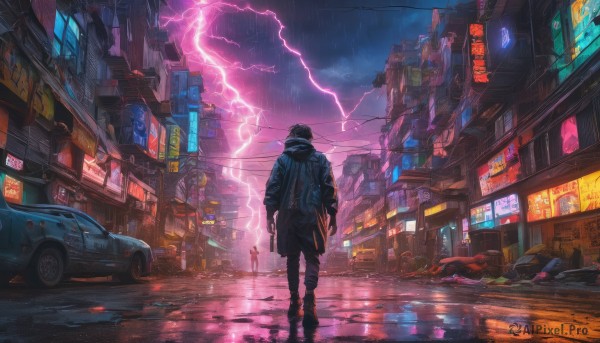 black hair, standing, jacket, weapon, outdoors, multiple boys, sky, cloud, gun, night, ground vehicle, building, scenery, motor vehicle, science fiction, rain, city, sign, car, road, street, lightning, cyberpunk, neon lights