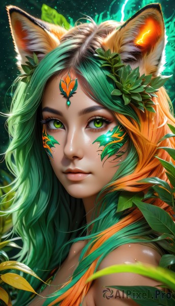 1girl,solo,long hair,breasts,looking at viewer,hair ornament,animal ears,bare shoulders,closed mouth,green eyes,upper body,multicolored hair,green hair,artist name,cat ears,dark skin,orange hair,blurry,two-tone hair,dark-skinned female,lips,animal ear fluff,fox ears,eyelashes,gradient hair,makeup,leaf,facial mark,slit pupils,portrait,freckles,nose,bangs,flower,hair flower,glowing,watermark,plant,close-up,leaf hair ornament