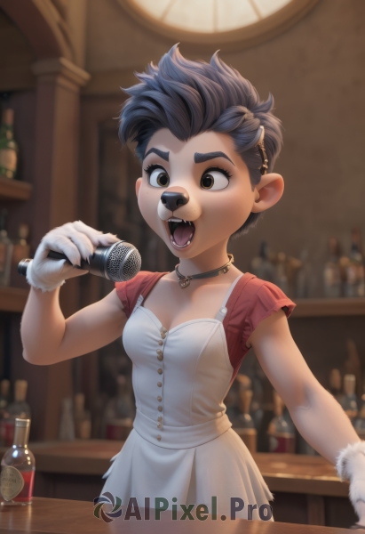 1girl,solo,breasts,short hair,open mouth,brown hair,black hair,gloves,dress,holding,cleavage,brown eyes,jewelry,short sleeves,hairband,small breasts,teeth,choker,indoors,white gloves,necklace,white dress,blurry,blurry background,fangs,thick eyebrows,bottle,microphone,genderswap (mtf),alcohol,furry female,music,very short hair,holding microphone,singing,bar (place),animal ears,mole,collar,depth of field,spiked hair,genderswap,claws,furry,body fur,fur,tomboy,snout