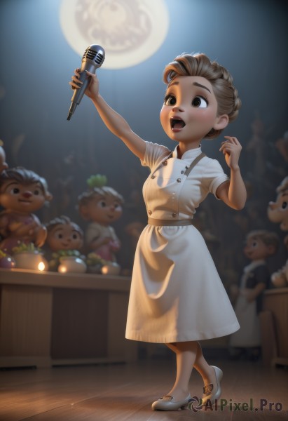 1girl,short hair,open mouth,multiple girls,brown hair,dress,holding,brown eyes,standing,full body,braid,short sleeves,food,multiple boys,shoes,teeth,solo focus,indoors,white dress,blurry,apron,arm up,depth of field,blurry background,single hair bun,white footwear,child,microphone,music,female child,male child,holding microphone,singing,crowd,stage,spotlight,solo,smile,watermark