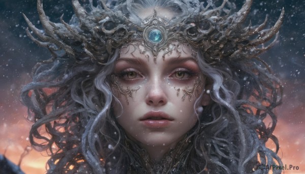 1girl,solo,long hair,looking at viewer,brown eyes,jewelry,yellow eyes,white hair,grey hair,earrings,outdoors,parted lips,horns,sky,artist name,blurry,lips,eyelashes,makeup,watermark,wavy hair,facial mark,crown,gem,portrait,star (sky),snow,close-up,curly hair,snowing,realistic,headpiece,nose,floating hair,wind,fantasy