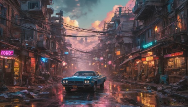 Image of a motor vehicle in a vibrant sunset outdoors