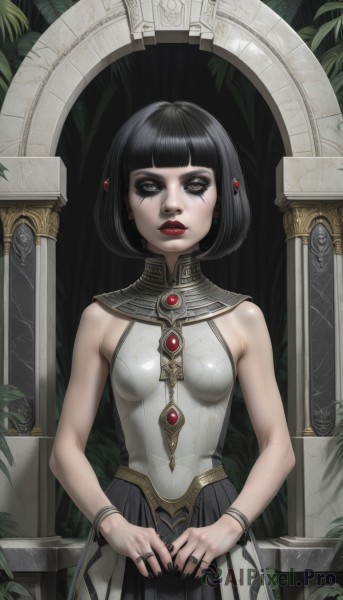 1girl,solo,breasts,looking at viewer,short hair,bangs,skirt,black hair,dress,bare shoulders,jewelry,closed mouth,standing,cowboy shot,earrings,small breasts,sleeveless,shiny,artist name,blunt bangs,nail polish,black eyes,bracelet,lips,fingernails,grey eyes,bare arms,eyelashes,makeup,sleeveless dress,facial mark,bob cut,ring,own hands together,plant,lipstick,brooch,gem,black nails,eyeshadow,nose,red lips,eyeliner,facial tattoo,mascara,black lips,hair ornament,brown eyes,pleated skirt,pale skin,realistic,facepaint