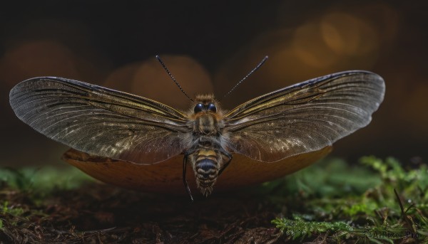 solo,outdoors,wings,blurry,no humans,depth of field,blurry background,bug,plant,scenery,1other,flying,realistic,antennae,insect wings,1girl,thighhighs,bound,crown,bondage,monster girl,dark,arthropod girl,horror (theme),tied up (nonsexual)