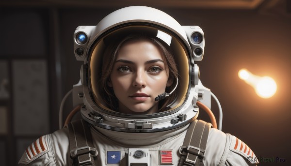 1girl,solo,looking at viewer,short hair,brown hair,brown eyes,closed mouth,upper body,indoors,blurry,lips,blurry background,helmet,portrait,headset,reflection,realistic,nose,american flag,spacesuit,japanese flag,space helmet,astronaut,parted lips,depth of field,thick eyebrows,forehead,science fiction,serious,flag,united states