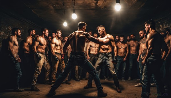 smile,short hair,blonde hair,brown hair,black hair,gloves,standing,male focus,boots,multiple boys,shoes,belt,pants,indoors,fingerless gloves,tattoo,muscular,facial hair,abs,pectorals,denim,muscular male,beard,6+boys,topless male,hand in pocket,jeans,realistic,bald,very short hair,manly,leather,crowd,boxing gloves,weapon,mustache,light,chest hair