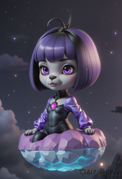 1girl,solo,breasts,blush,smile,short hair,bangs,black hair,long sleeves,animal ears,sitting,purple eyes,full body,purple hair,multicolored hair,small breasts,outdoors,sky,choker,puffy sleeves,artist name,cloud,blunt bangs,chibi,collar,lips,night,colored skin,black choker,bob cut,antenna hair,gem,star (sky),black nails,night sky,black leotard,furry,puffy long sleeves,starry sky,furry female,shrug (clothing),grey skin,black skin,looking at viewer,jewelry,closed mouth,ahoge,shiny,signature,shiny hair,flat chest,two-tone hair,streaked hair,see-through,eyelashes,:3,happy,brooch,freckles,crystal,purple shirt,black bodysuit,animal nose,see-through sleeves,purple sleeves,grey fur