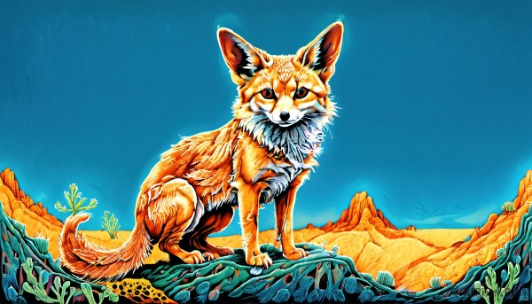 HQ,solo,looking at viewer,brown eyes,full body,outdoors,sky,day,water,blue sky,orange eyes,pokemon (creature),no humans,animal,blue background,grass,plant,dog,mountain,animal focus,standing,signature,watermark,web address,realistic,fox