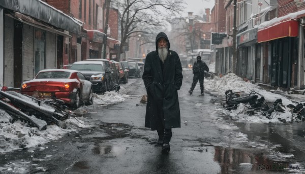 1girl,looking at viewer,black hair,1boy,standing,jacket,weapon,male focus,outdoors,multiple boys,solo focus,pants,2boys,black footwear,tree,coat,gun,mask,facial hair,ground vehicle,building,motor vehicle,snow,reflection,black coat,snowing,city,hands in pockets,car,road,winter,lamppost,bare tree,street,trench coat,truck,hat,hood,scenery,beard,hood up,walking,sign,realistic,mustache,winter clothes,old,old man,winter coat