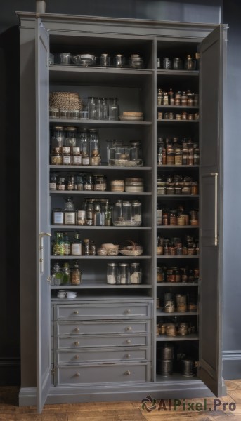 indoors,cup,no humans,bottle,scenery,alcohol,drinking glass,wooden floor,shelf,wine bottle,jar,bar (place),counter,refrigerator,whiskey,food,plate,basket,shop,still life,cabinet