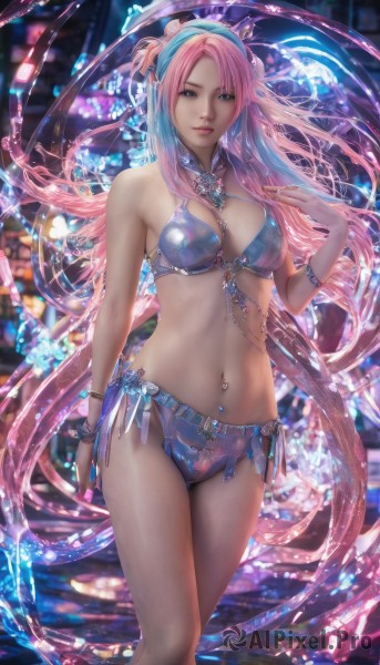 1girl,solo,long hair,breasts,looking at viewer,bangs,blue eyes,navel,cleavage,jewelry,medium breasts,very long hair,standing,swimsuit,pink hair,bikini,multicolored hair,earrings,parted lips,pointy ears,water,necklace,nail polish,blurry,bracelet,lips,blurry background,piercing,elf,realistic,navel piercing,hair ornament,bare shoulders,closed mouth,thighs,hairband,hand up,stomach,fingernails,detached collar,watermark,gem,blue bikini,arm at side,fantasy