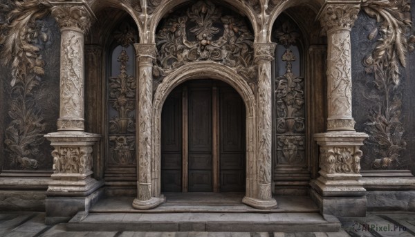 indoors,no humans,window,plant,scenery,stairs,door,architecture,pillar,statue,arch,column