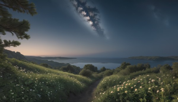 A tranquil view of a landscape in sunset outdoors