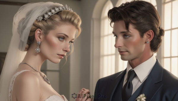 1girl,blue eyes,blonde hair,brown hair,shirt,1boy,dress,bare shoulders,jewelry,upper body,flower,hetero,earrings,necktie,indoors,necklace,hair bun,white dress,looking at another,lips,window,holding hands,formal,single hair bun,suit,cross,tiara,couple,veil,black necktie,eye contact,wedding dress,realistic,bridal veil,bride,husband and wife,wedding,church,groom,multiple girls,black hair,2girls,ring,tuxedo