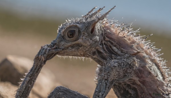 solo,outdoors,sky,teeth,day,blurry,no humans,blurry background,robot,sharp teeth,spikes,science fiction,monster,realistic,desert,kaijuu,open mouth,from side,depth of field,animal,dinosaur