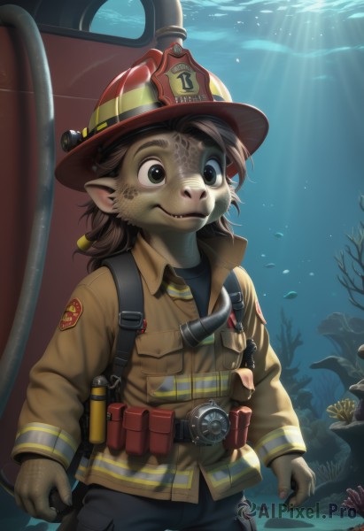 solo,smile,brown hair,shirt,gloves,long sleeves,1boy,hat,brown eyes,closed mouth,jacket,tail,male focus,cowboy shot,pointy ears,belt,pants,water,uniform,military,sunlight,helmet,furry,fish,pocket,underwater,air bubble,furry male,shell,green eyes,standing,fangs,watermark,freckles,brown jacket,light rays,sunbeam,snout,submerged,coral,fangs out