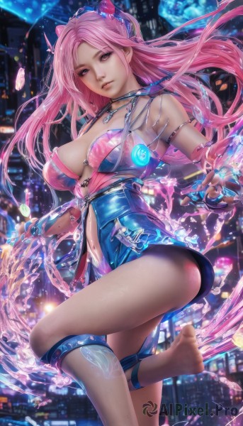 1girl,solo,long hair,breasts,looking at viewer,bangs,large breasts,navel,cleavage,bare shoulders,jewelry,medium breasts,standing,pink hair,thighs,parted lips,horns,barefoot,choker,pink eyes,necklace,lips,parted bangs,leg up,city,realistic,navel cutout,hair ornament,dress,artist name,signature,night,blue dress,watermark,ring,standing on one leg,building,night sky,armlet,cityscape