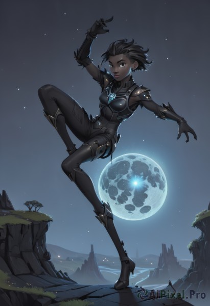 1girl,solo,breasts,looking at viewer,short hair,black hair,gloves,brown eyes,jewelry,medium breasts,standing,full body,small breasts,boots,outdoors,parted lips,sky,dark skin,armor,high heels,dark-skinned female,lips,bodysuit,night,glowing,moon,star (sky),night sky,full moon,starry sky,breastplate,black bodysuit,very dark skin,balancing,black gloves,artist name,black footwear,arm up,makeup,watermark