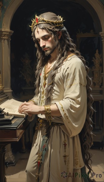 solo,long hair,brown hair,long sleeves,1boy,jewelry,very long hair,closed mouth,standing,closed eyes,braid,grey hair,male focus,cowboy shot,indoors,wide sleeves,necklace,bracelet,book,feet out of frame,facial hair,own hands together,tiara,crown,gem,instrument,beard,robe,circlet,music,playing instrument,pillar,piano,white robe,arch,laurel crown,black hair,lips,wavy hair,table,realistic,gold chain