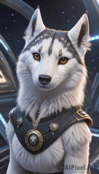 solo,looking at viewer,brown eyes,jewelry,closed mouth,upper body,belt,orange eyes,no humans,animal,cat,gem,star (sky),realistic,space,animal focus,white fur,whiskers,yellow eyes,blurry,dog