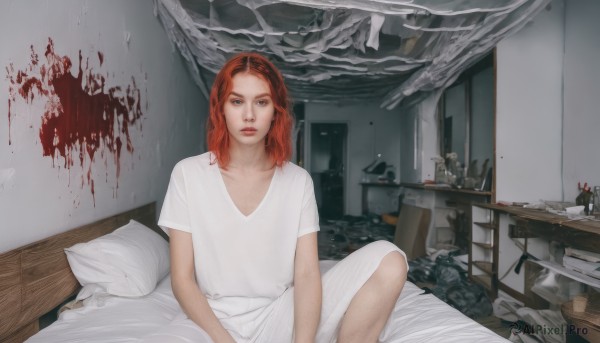 1girl,solo,long hair,looking at viewer,blue eyes,shirt,dress,sitting,closed mouth,green eyes,collarbone,white shirt,short sleeves,red hair,indoors,medium hair,white dress,lips,pillow,blood,bed,bed sheet,on bed,chair,expressionless,table,realistic,bedroom,blood splatter,orange hair,messy room