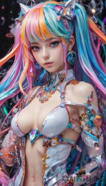 1girl,solo,long hair,breasts,looking at viewer,bangs,blue eyes,blonde hair,hair ornament,navel,cleavage,twintails,jewelry,medium breasts,blue hair,upper body,pink hair,multicolored hair,earrings,parted lips,two-tone hair,lips,eyelashes,aqua hair,gradient hair,makeup,headgear,gloves,bare shoulders,very long hair,closed mouth,artist name,necklace,stomach,orange hair,see-through,detached collar,watermark,gem,eyeshadow,pink lips,realistic,nose,center opening,mascara