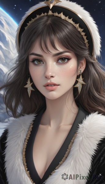 1girl,solo,long hair,breasts,looking at viewer,bangs,brown hair,hat,cleavage,brown eyes,jewelry,medium breasts,collarbone,upper body,earrings,parted lips,sky,artist name,signature,necklace,star (symbol),lips,fur trim,eyelashes,portrait,star (sky),starry sky,freckles,realistic,nose,space,planet,earth (planet),teeth,thick eyebrows,star earrings