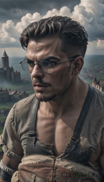 solo,looking at viewer,short hair,brown hair,shirt,black hair,1boy,closed mouth,upper body,male focus,outdoors,sky,glasses,day,cloud,dark skin,muscular,facial hair,scar,dark-skinned male,cloudy sky,pectorals,muscular male,building,beard,black-framed eyewear,mature male,realistic,mustache,overalls,manly,chest hair,pectoral cleavage,castle,artist name,ocean,sunglasses,thick eyebrows,bara