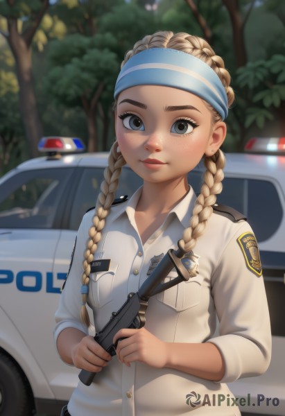 1girl,solo,long hair,breasts,looking at viewer,smile,blonde hair,shirt,long sleeves,holding,brown eyes,jewelry,closed mouth,white shirt,upper body,weapon,braid,hairband,earrings,small breasts,outdoors,day,collared shirt,belt,artist name,holding weapon,blurry,uniform,twin braids,tree,lips,gun,grey eyes,depth of field,blurry background,headband,ground vehicle,holding gun,hair over shoulder,motor vehicle,handgun,freckles,pocket,car,stud earrings,breast pocket,trigger discipline,police,police uniform,policewoman,finger on trigger,m1911,blush,blue eyes,twintails,collarbone,military,eyelashes,military uniform,buttons,low twintails,piercing,thick eyebrows,ear piercing,nose,logo,red lips,blue hairband,badge